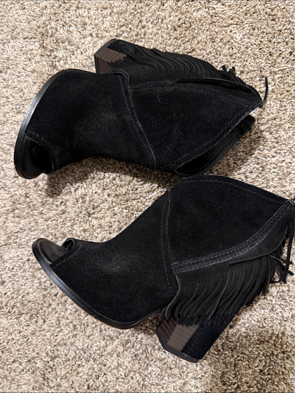 Gianni Bini Black Suede Fringe Peep-Toe Booties